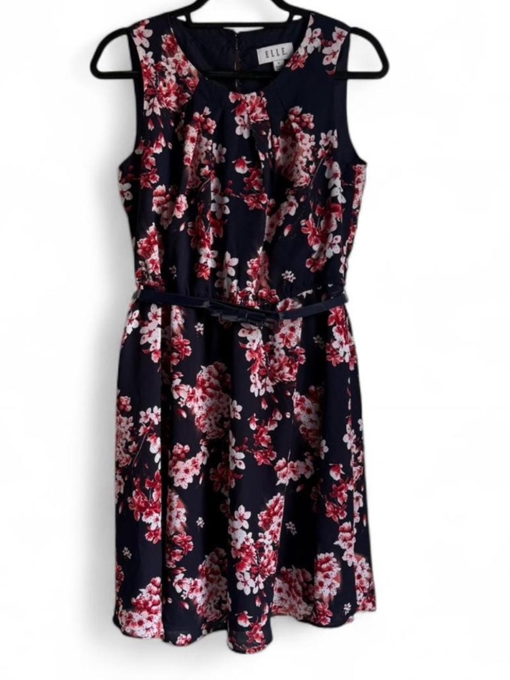 ELLE Navy Floral Belted Midi Dress with Pink and Red Blooms